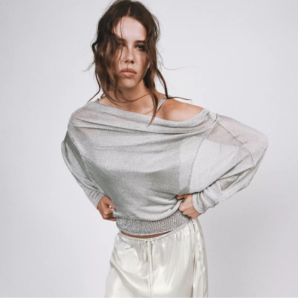 ZARA METALLIC THREAD BATWING SLEEVE TOP